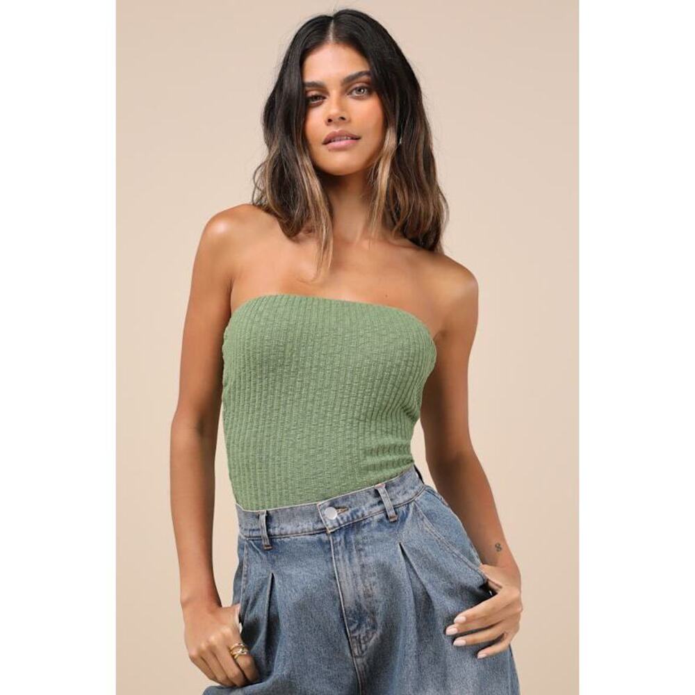 Lulus Lautaro Green Ribbed Strapless Crop Top - Size L